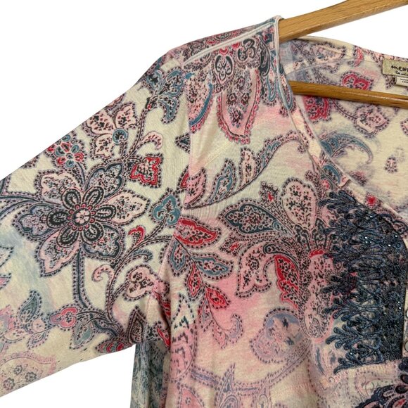 One World Paisley Print Tunic Top Sz XL Beaded 3/4 Sleeves Asymmetrical Hem - Picture 4 of 11